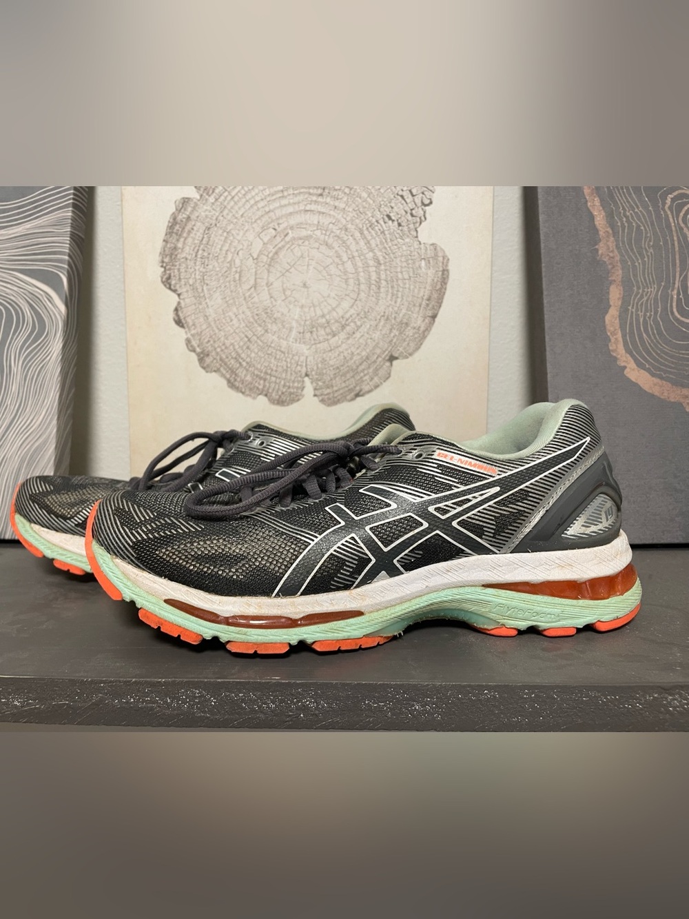 Asics Gel-Nimbus Gray Mesh Running Shoes with Mint & Coral Accents